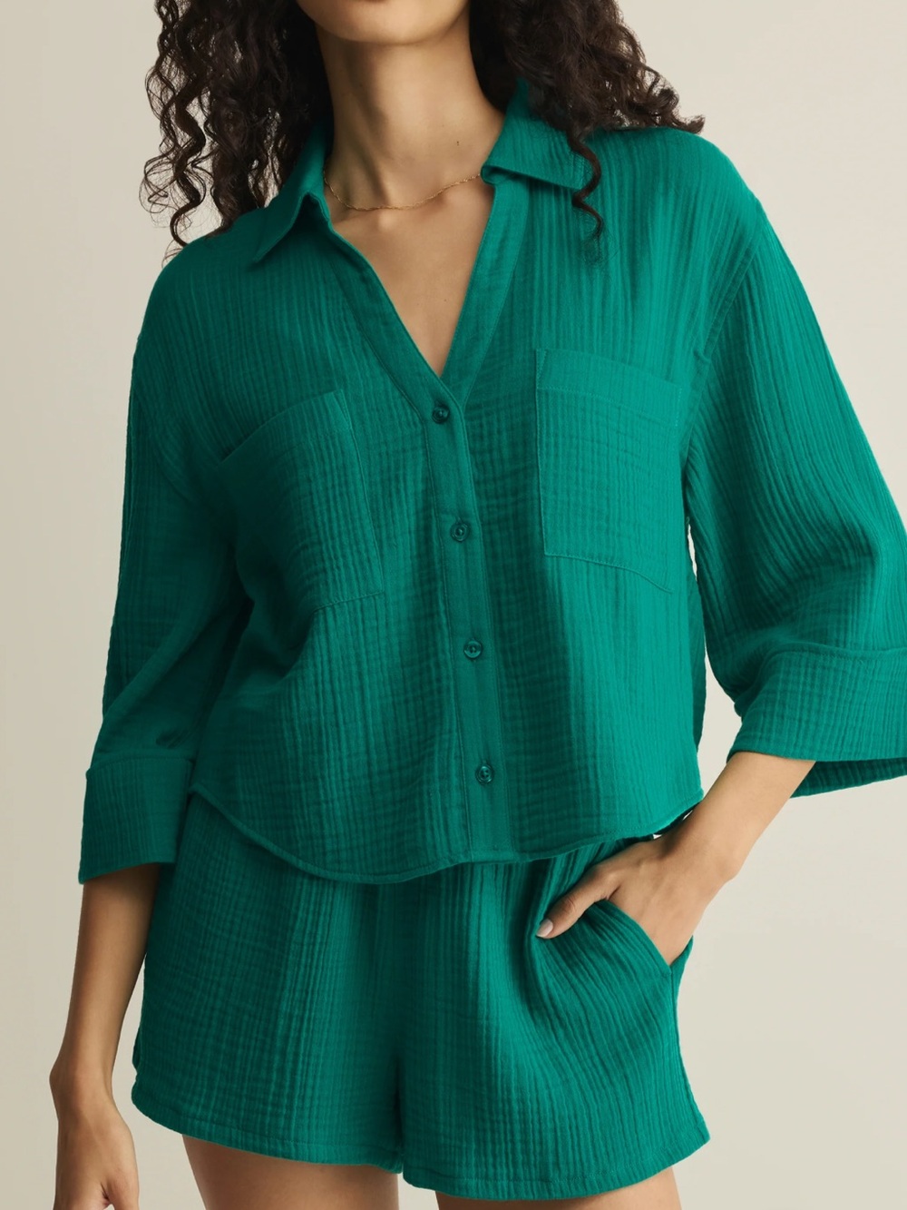 Z Supply Airy Gauze Button Up and Shorts set in Rainforest - Picture 3 of 6